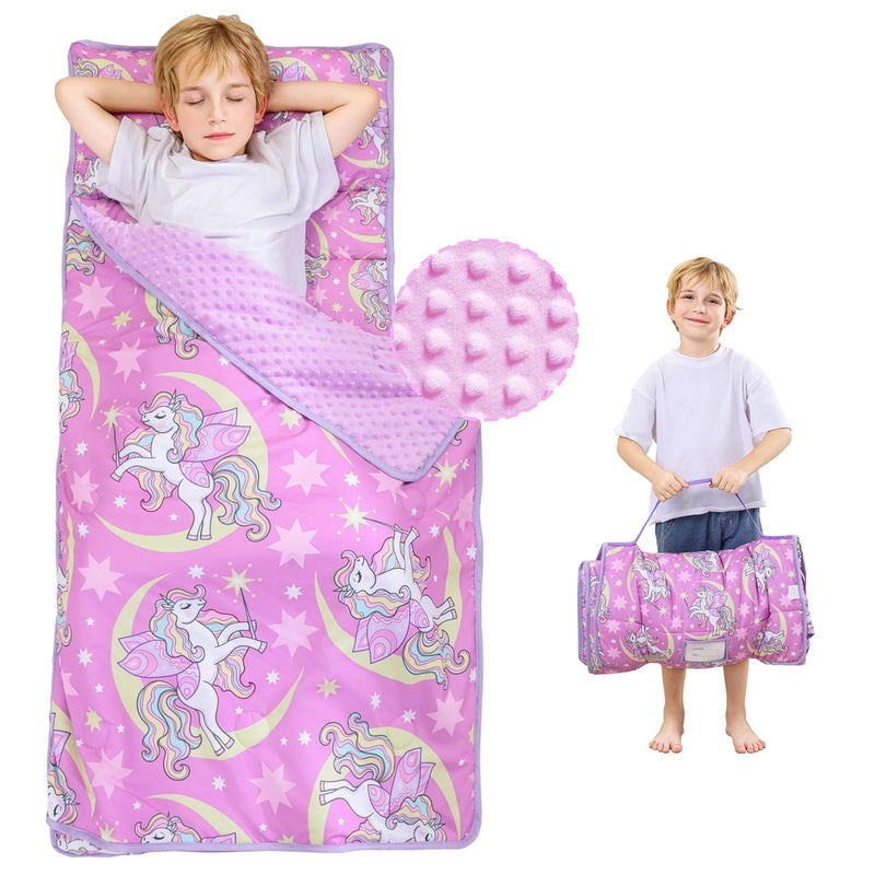 Viviland Toddler Nap Mat, Rolled Sleeping Mats with Pillow and Minky Dot Blanket for Girls, Kids Slumber Bag Nap Mat for Preschool, Daycare, Kindergarten, Travel Camping - Unicorn Magic - Image 1